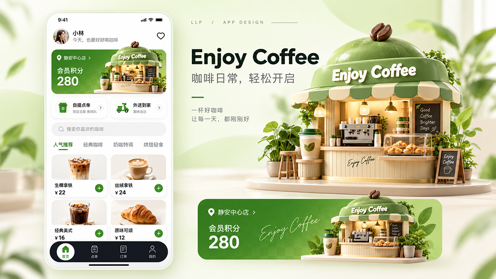Enjoy Coffee 移动应用首页与品牌视觉设计